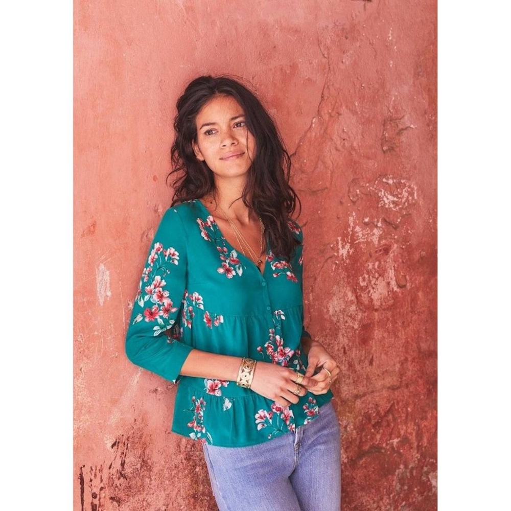 Sezane Anna 100% Silk Green Floral Print Button V-Neck Blouse 38